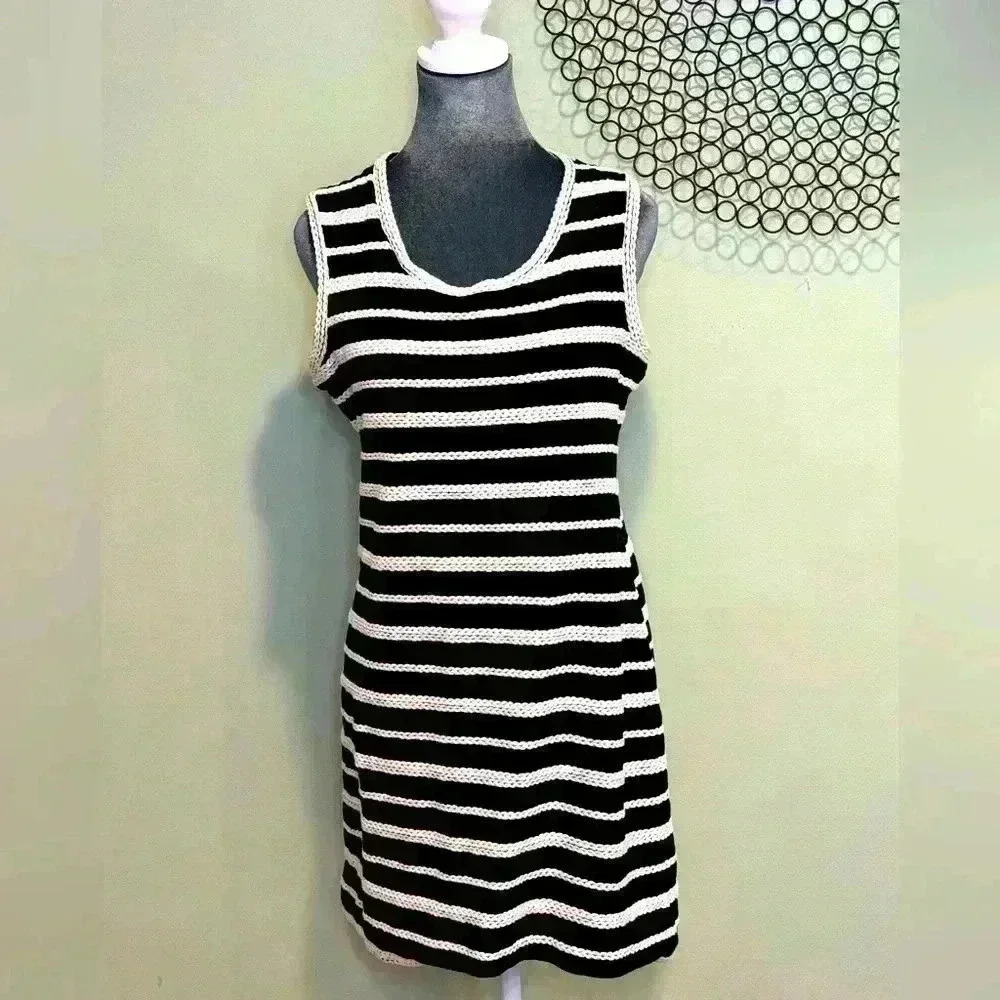 Max Studio Sleeveless Knit Striped Mini Dress Black Cream Nautical Size L